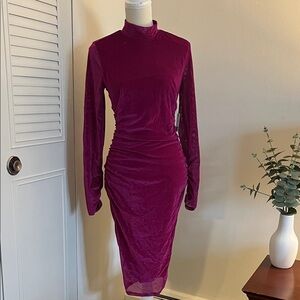 Express Long Sleeve Velvet Dress in Deep Magenta